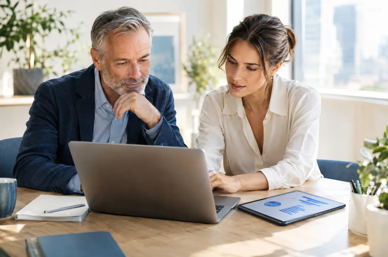 A senior strategist and analyst reviewing results together